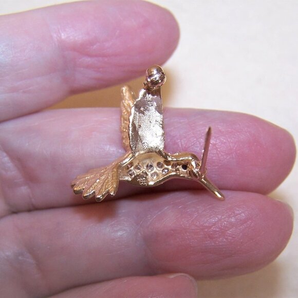 14K Gold Pave Diamond Blue Sapphire Pin Brooch - Hummingbird in Flight - Picture 7 of 7